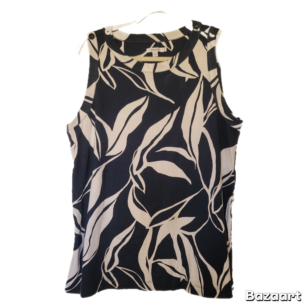 Chico's Top Womens Black White Floral Sleeveless Tank